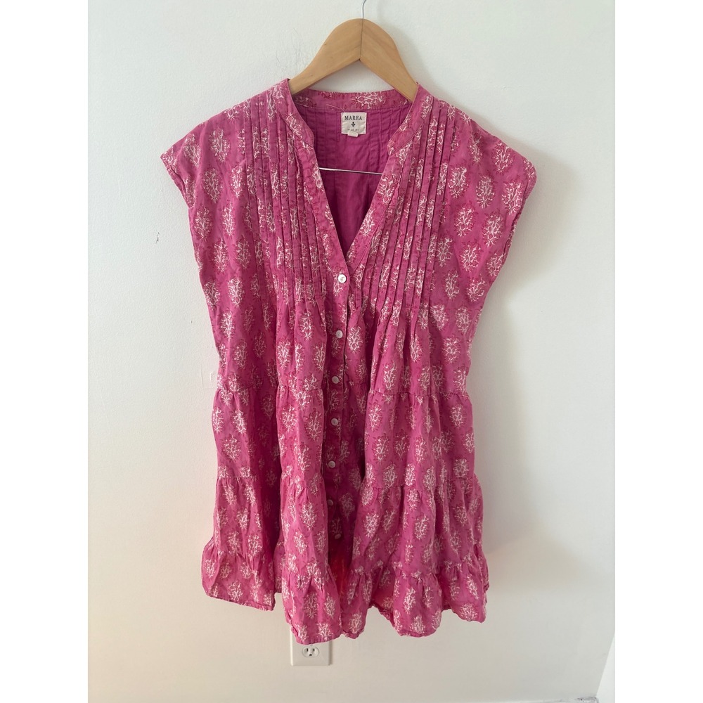 Marea by Liz Joy Pink Block Print Tiered Cotton Mini Dress XS Sleeveless Pintuck